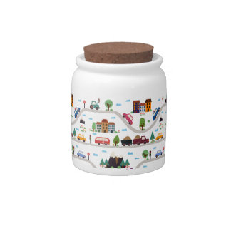 Cute Childish Cityscape Bus Car Cartoon Pattern Candy Jar