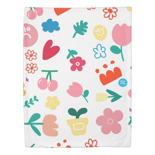 Cute Childish Flowers and Fruits Doodle Duvet Cover