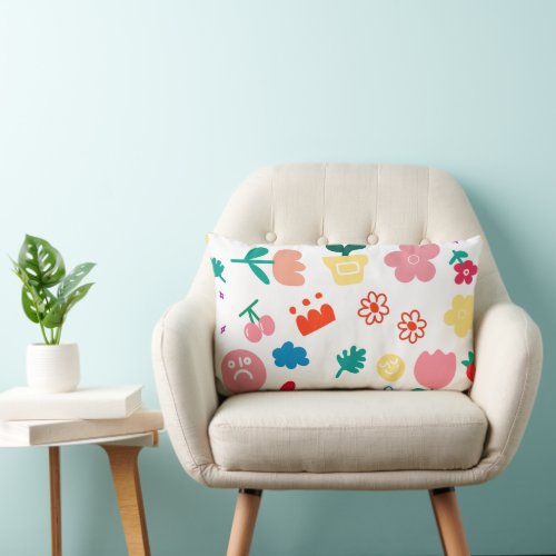 Cute Childish Flowers and Fruits Doodle Lumbar Pillow