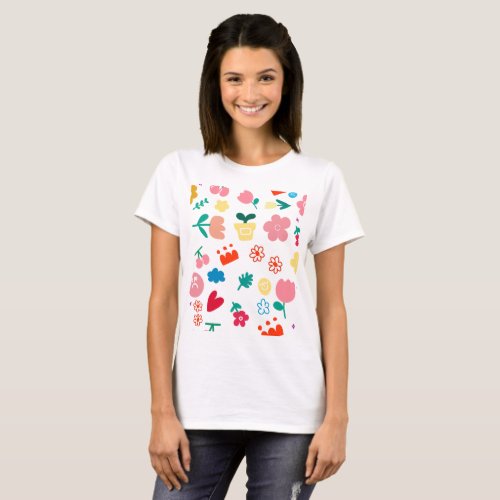 Cute Childish Flowers and Fruits Doodle T_Shirt