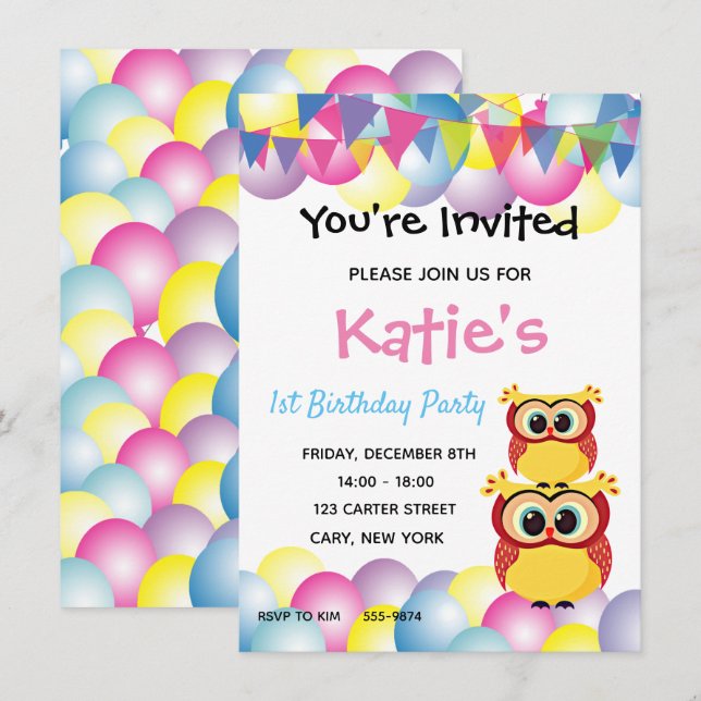 Cute children baby owl birthday invitation (Front/Back)