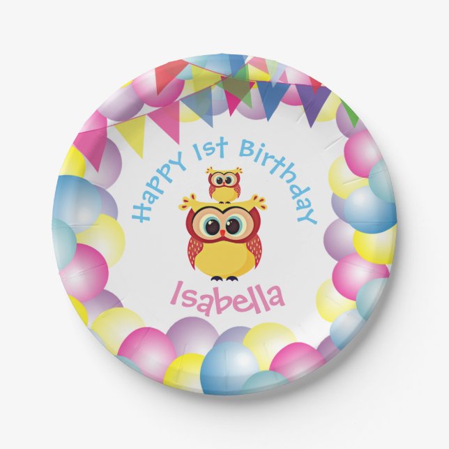 Cute children baby owl birthday paper plates (Front)