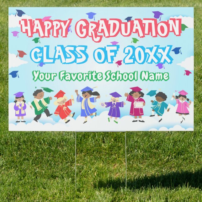 Cute Children Dancing Colorful Congrats Graduation Sign (Insitu)