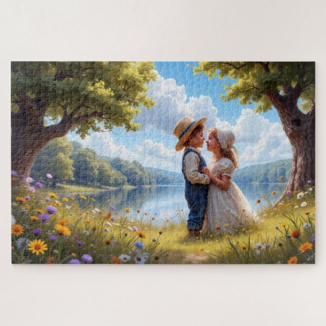 Cute Children Embrace By A Serene Lake Jigsaw Puzzle (Horizontal)