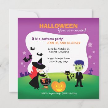 Cute Children Halloween Party With Witch Invitation by ArtbyMonica at Zazzle
