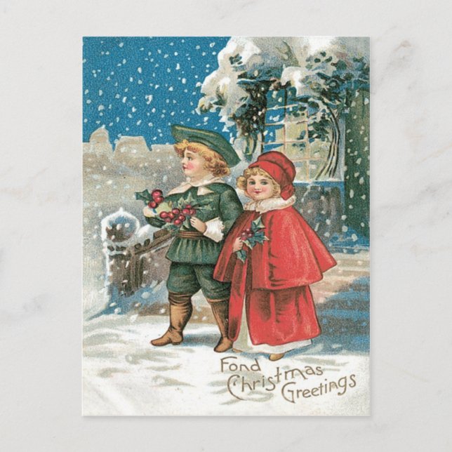 Cute Children Holly Cottage Snow Postcard (Front)