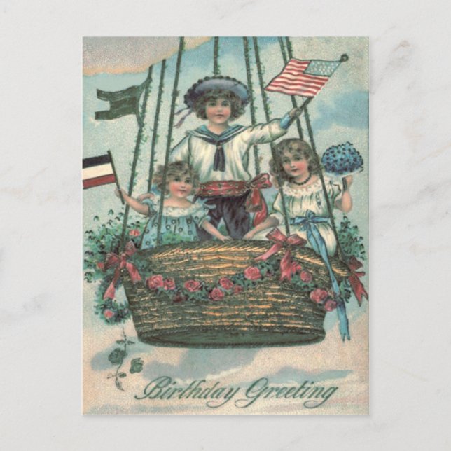 Cute Children Hot Air Balloon Roses Postcard (Front)