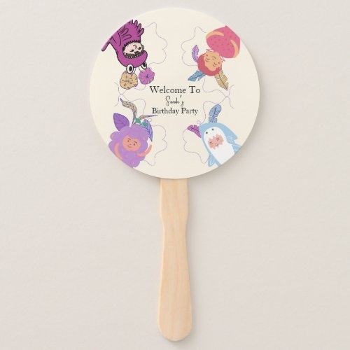 cute children in colorful costumes birthday  hand fan