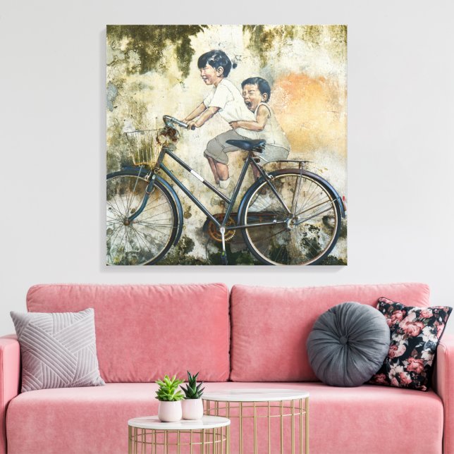 Cute Children Laughing on Bicycle Canvas Print (Insitu(LivingRoom))