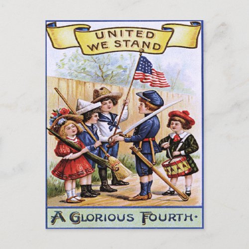 Cute Children Playing Soldier American Flag Postcard