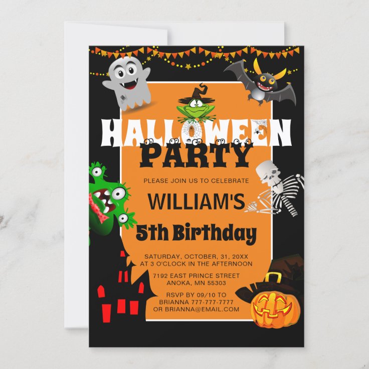 Cute Children's Cartoon Halloween Birthday Invitation | Zazzle