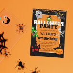 Cute Children's Cartoon Halloween Birthday Invitation<br><div class="desc">These cute halloween party invitations,  with an easy to personalize invitation template. The invitation features cartoon images of; a bat,  pumpkin in a hat,  frog with a witches hat,  a ghost,  a haunted house,  a green 3 eyed monster and a skeleton.</div>