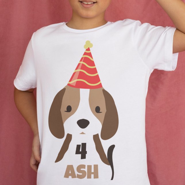 Cute Children's Puppy Dog Name & Age Birthday  Toddler T-shirt (birthday t-shirt with age and name puppy dog with party hat )