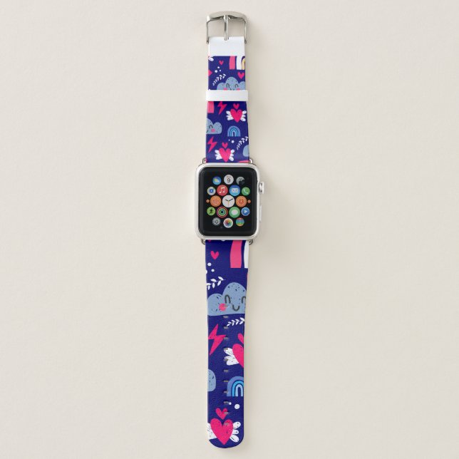 Cute children's seamless pattern, rainbow, clouds, apple watch band (Front)