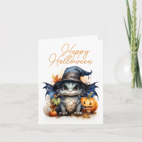 Cute Childrens Watercolor Baby Dragon Halloween Card