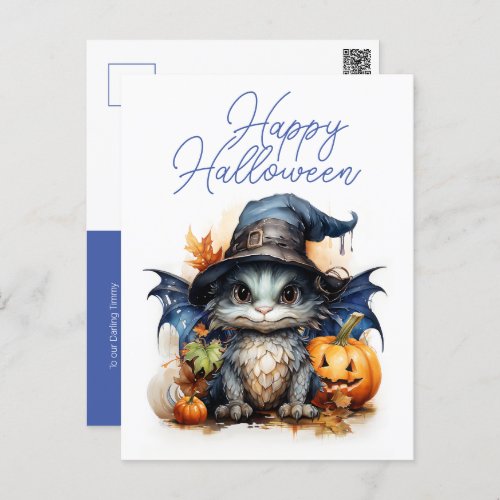 Cute Childrens Watercolor Baby Dragon Halloween Postcard