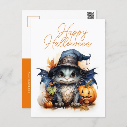 Cute Childrens Watercolor Baby Dragon Halloween Postcard