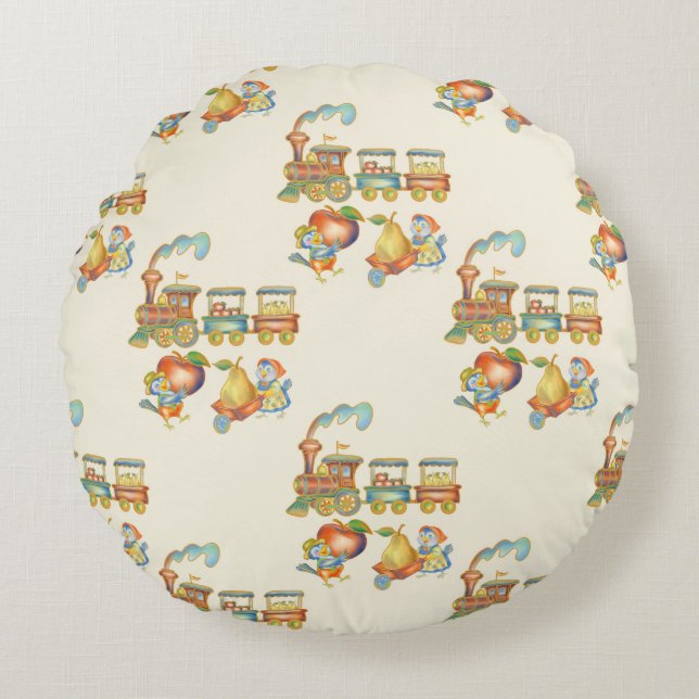 Cute Child's Bird Apple Train Round Pillow (Front)