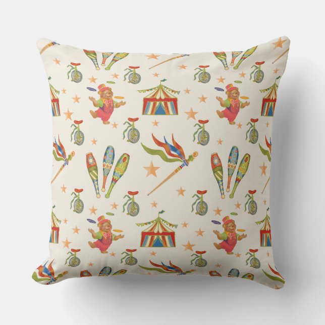 Cute Child's Circus Bear Theme Throw Pillow (Front)