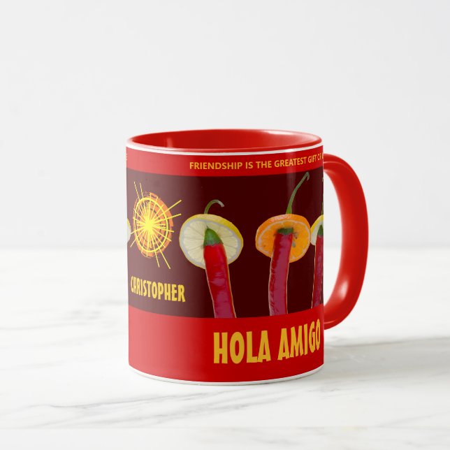 Cute Chili Peppers Hola Amigo Funny Customizable Mug (Front Right)