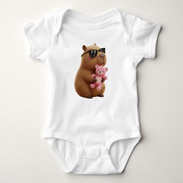 Cute Chill Capybara Hugging Teddy Bear  Baby Bodysuit (Front)