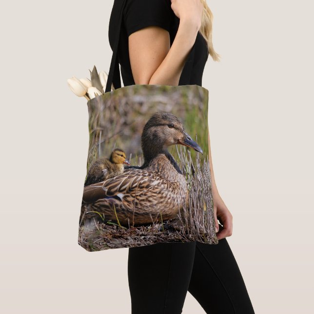 Cute Chillin' Mallard Mom Duck & Baby Duckling Tote Bag (Close Up)