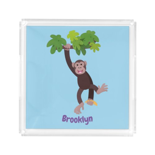Cute chimpanzee in jungle hanging cartoon acrylic tray