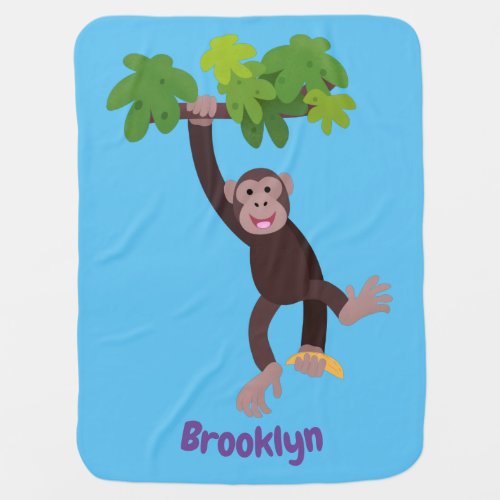 Cute chimpanzee in jungle hanging cartoon baby blanket