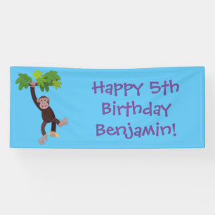 Cute chimpanzee in jungle hanging cartoon banner