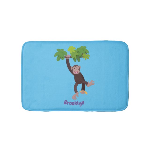 Cute chimpanzee in jungle hanging cartoon bath mat (Front)