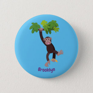 Cute chimpanzee in jungle hanging cartoon button