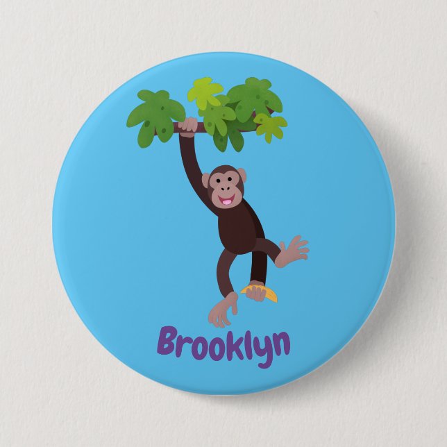 Cute chimpanzee in jungle hanging cartoon button (Front)