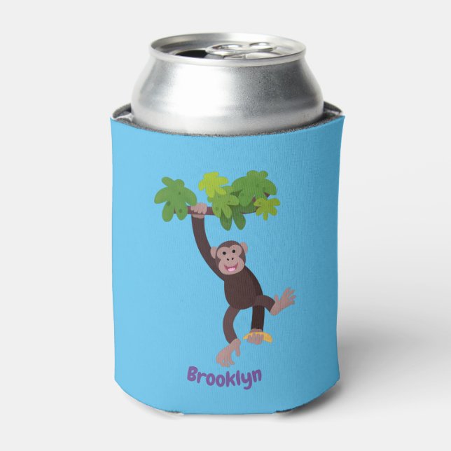 Cute chimpanzee in jungle hanging cartoon can cooler (Can Front)