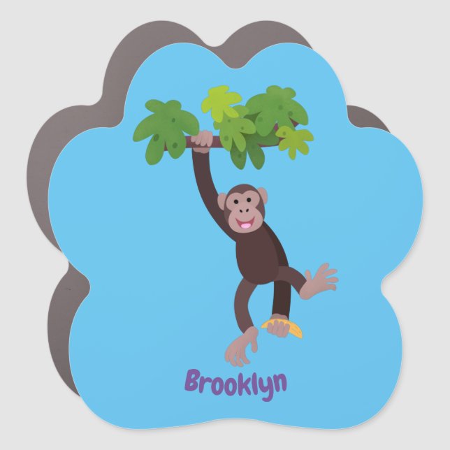 Cute chimpanzee in jungle hanging cartoon car magnet (Front)