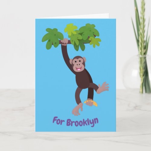 Cute chimpanzee in jungle hanging cartoon card