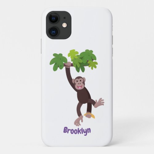 Cute chimpanzee in jungle hanging cartoon iPhone 11 case