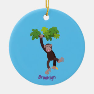 Cute chimpanzee in jungle hanging cartoon ceramic ornament