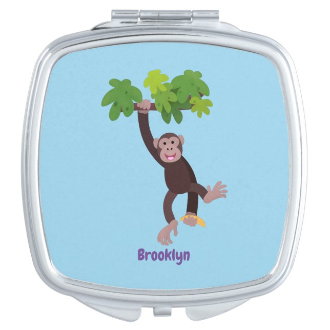 Cute chimpanzee in jungle hanging cartoon compact mirror (Front)