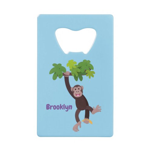 Cute chimpanzee in jungle hanging cartoon credit card bottle opener