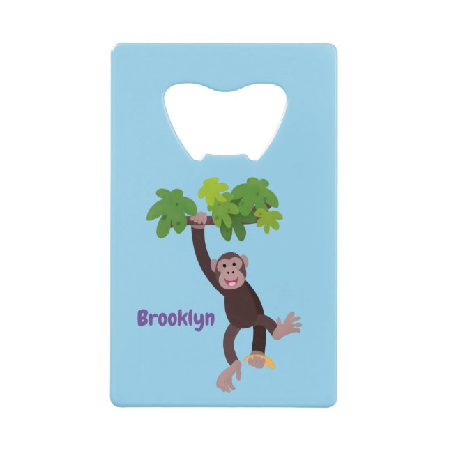 Cute chimpanzee in jungle hanging cartoon credit card bottle opener (Front)