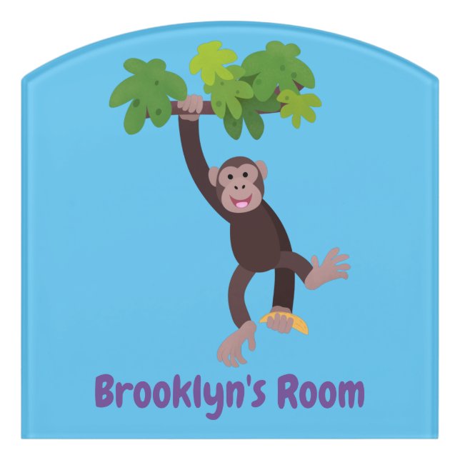Cute chimpanzee in jungle hanging cartoon door sign (Contour Front)