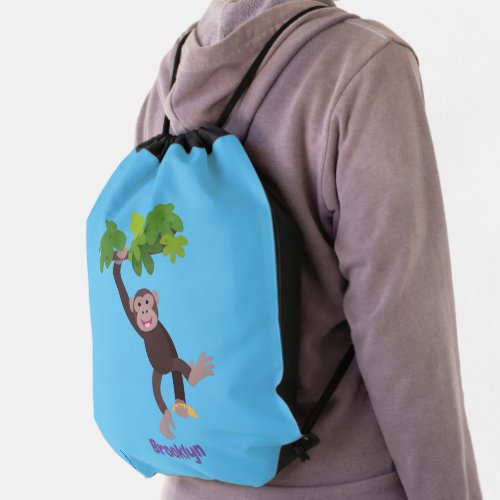 Cute chimpanzee in jungle hanging cartoon drawstring bag