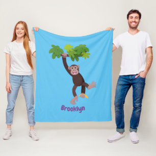 Cute chimpanzee in jungle hanging cartoon fleece blanket