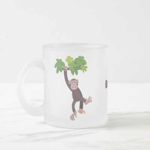 Cute chimpanzee in jungle hanging cartoon frosted glass coffee mug