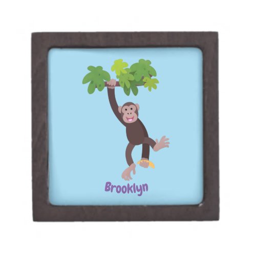 Cute chimpanzee in jungle hanging cartoon gift box