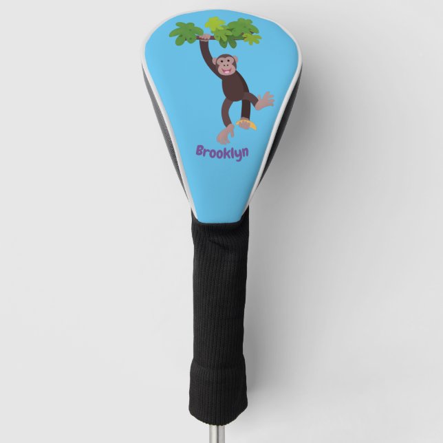 Cute chimpanzee in jungle hanging cartoon golf head cover (Front)