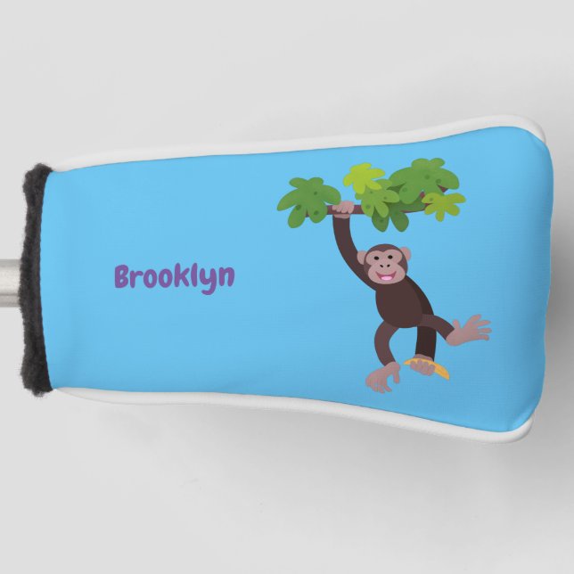 Cute chimpanzee in jungle hanging cartoon golf head cover (Front)