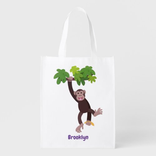 Cute chimpanzee in jungle hanging cartoon grocery bag