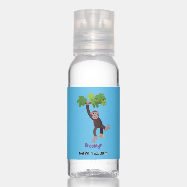 Cute chimpanzee in jungle hanging cartoon hand sanitizer (Front)
