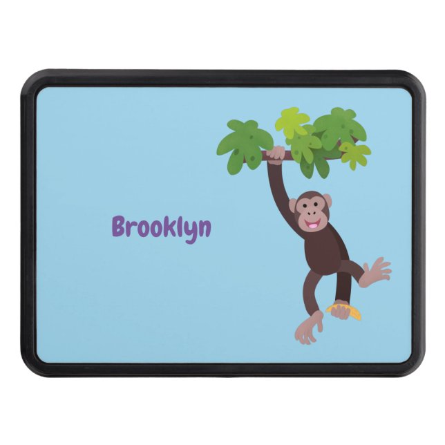 Cute chimpanzee in jungle hanging cartoon hitch cover (Front)